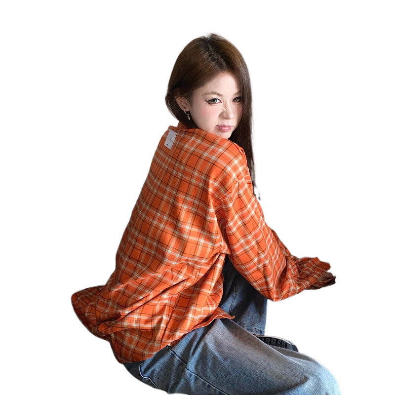 Loose Sun Protection Casual Retro Orange Plaid Shirt