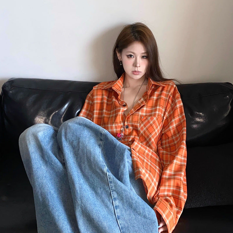Loose Sun Protection Casual Retro Orange Plaid Shirt