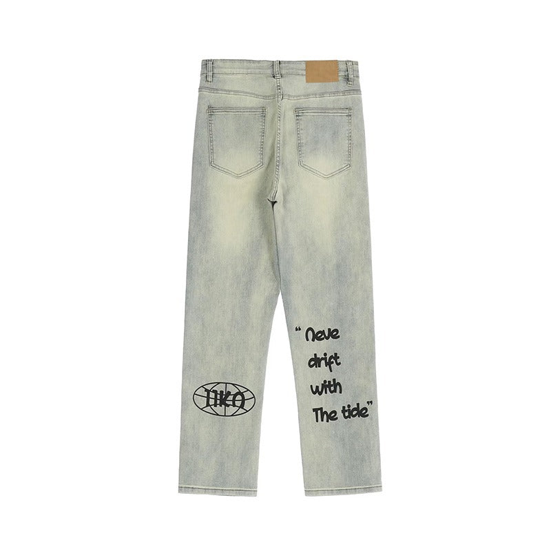 American Vintage Washed Distressed Yellow Mud Dye Letter Print Jeans