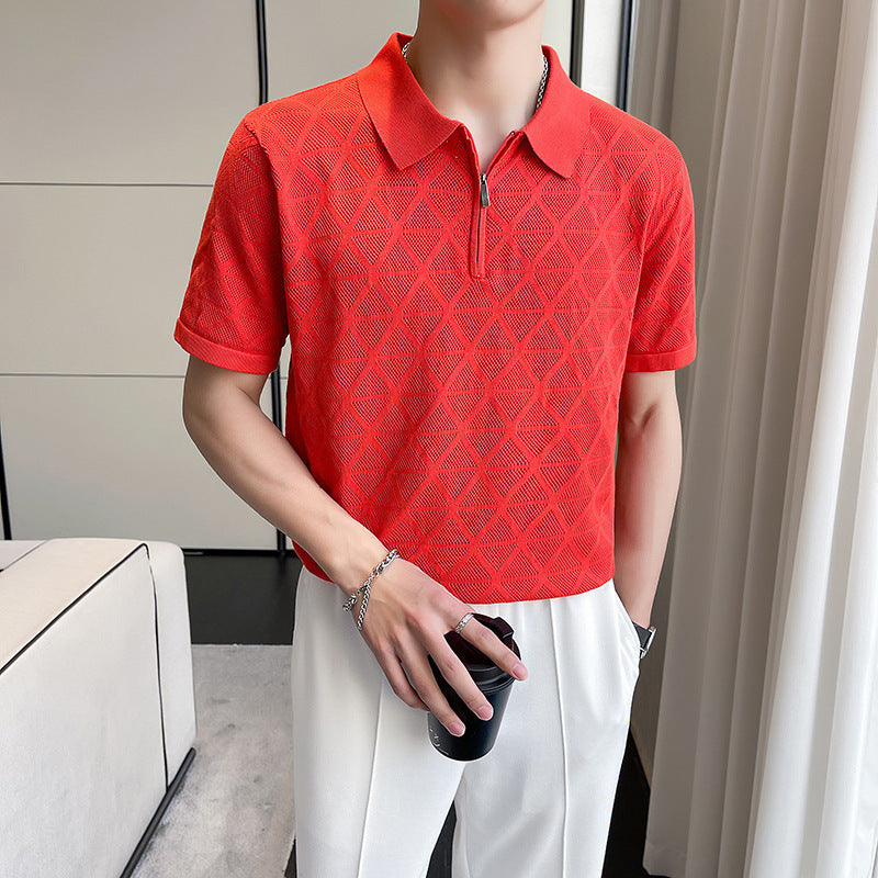 Slim-fit Lapel Rhombus Breathable Hollowed Leisure Top For Men