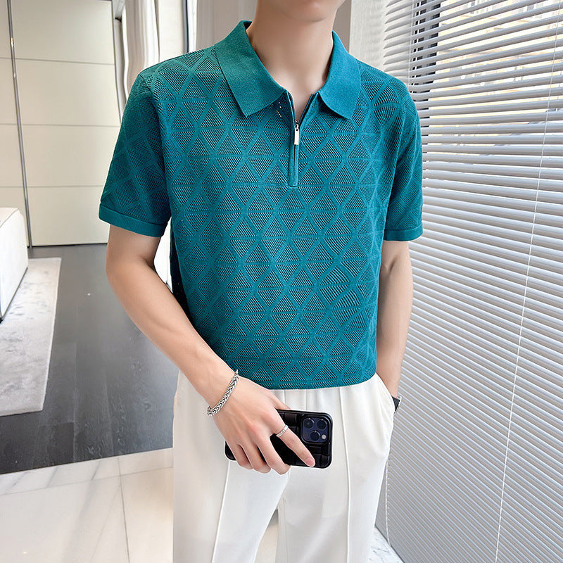 Slim-fit Lapel Rhombus Breathable Hollowed Leisure Top For Men