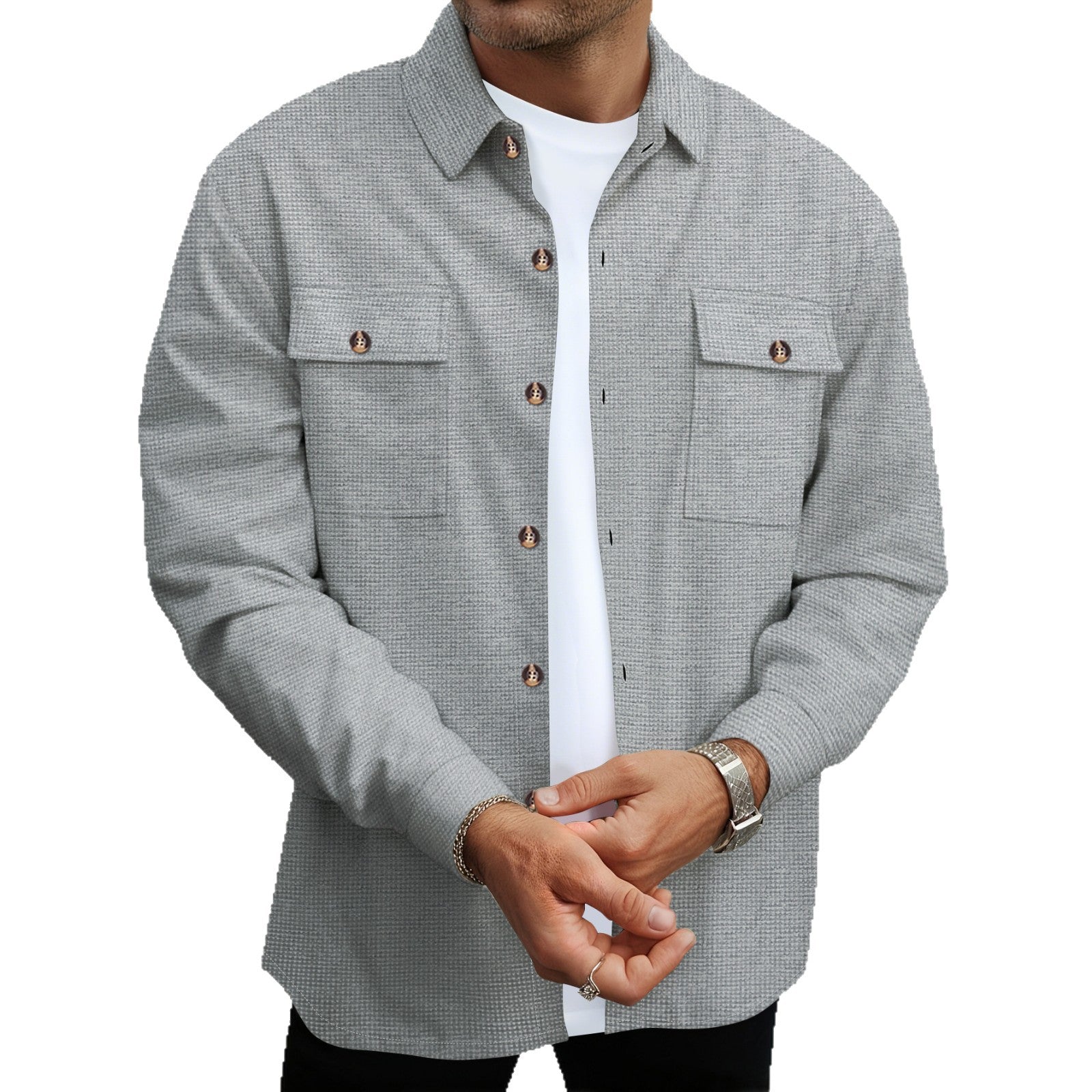 Men's Solid Color Waffle Double Pocket Button-up Long Sleeve Casual Shirt