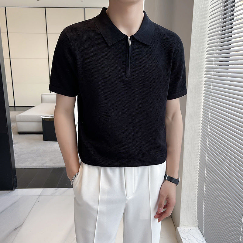 Slim-fit Lapel Rhombus Breathable Hollowed Leisure Top For Men