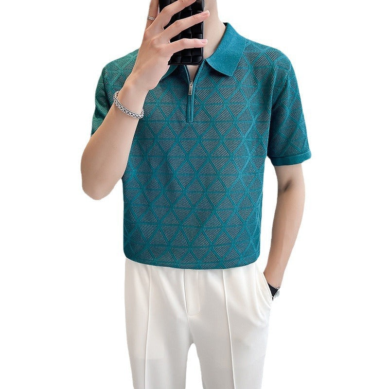 Slim-fit Lapel Rhombus Breathable Hollowed Leisure Top For Men